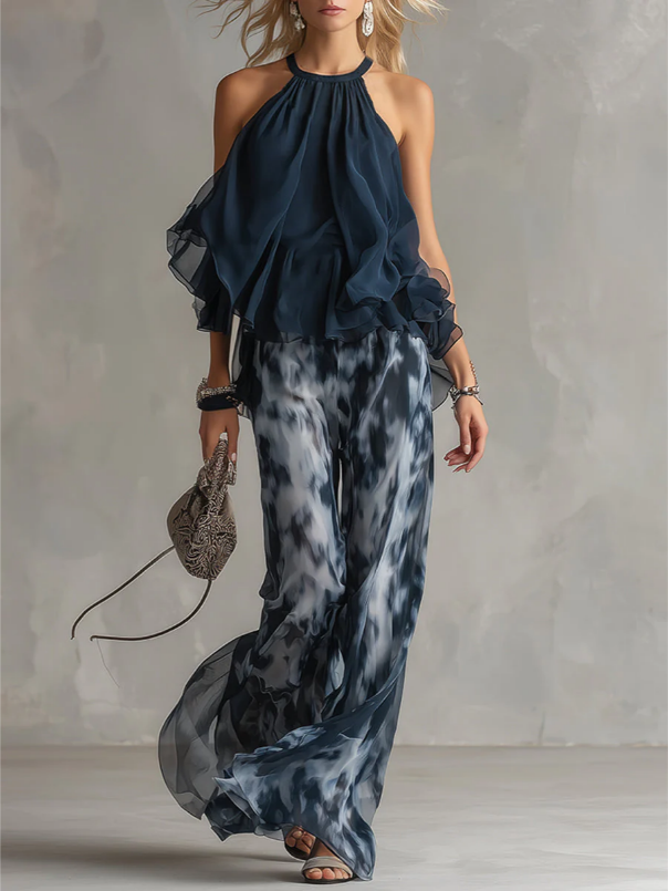 Ludovica | Elegante conjunto de gasa y Pantalones anchos estampados