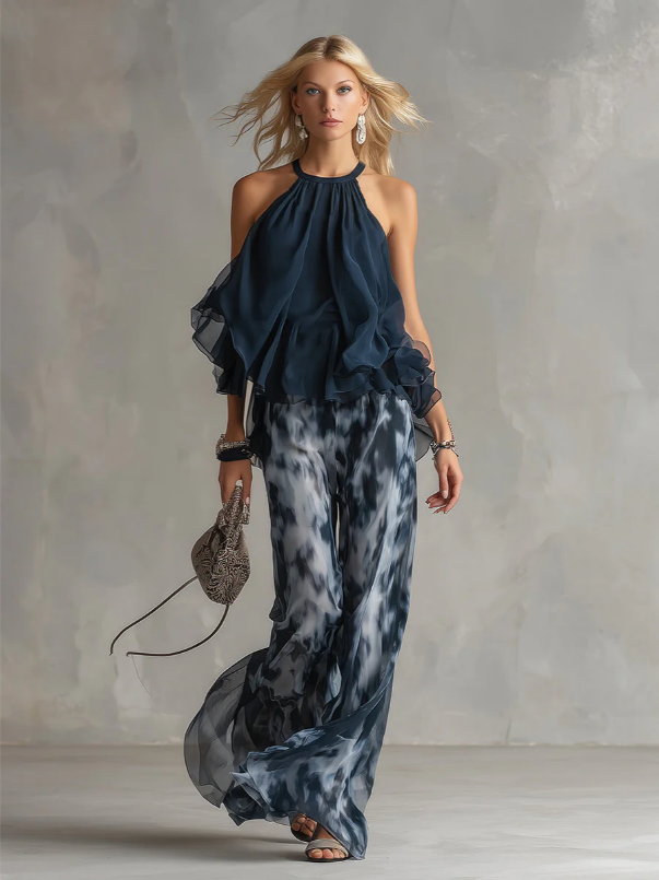 Ludovica | Elegante conjunto de gasa y Pantalones anchos estampados