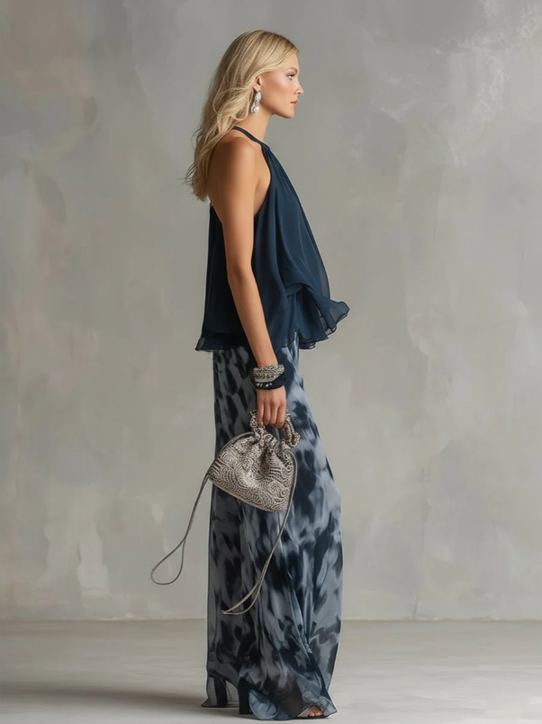 Ludovica | Elegante conjunto de gasa y Pantalones anchos estampados