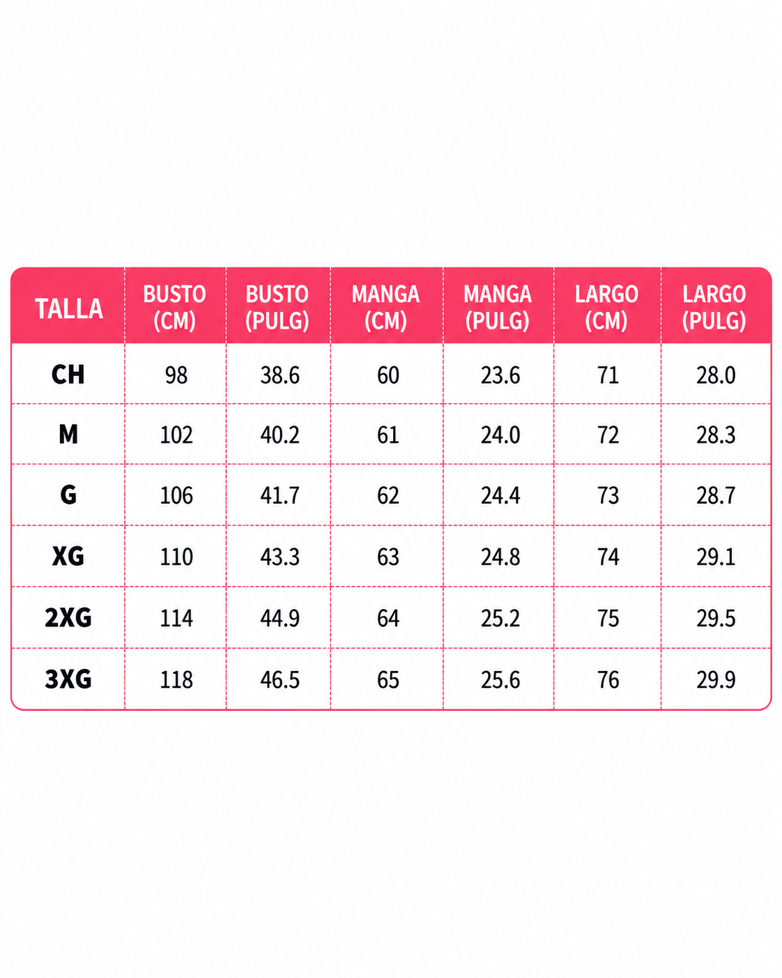 Chamarra Polar para Mujer con Capucha y Cierre size chart