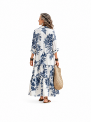 Vestido Maxi Bohemio Azul con Estampado Floral y Botones al Frente