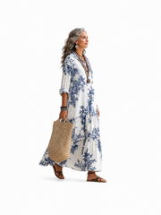 Vestido Maxi Bohemio Azul con Estampado Floral y Botones al Frente