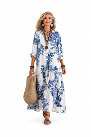 Vestido Maxi Bohemio Azul con Estampado Floral y Botones al Frente