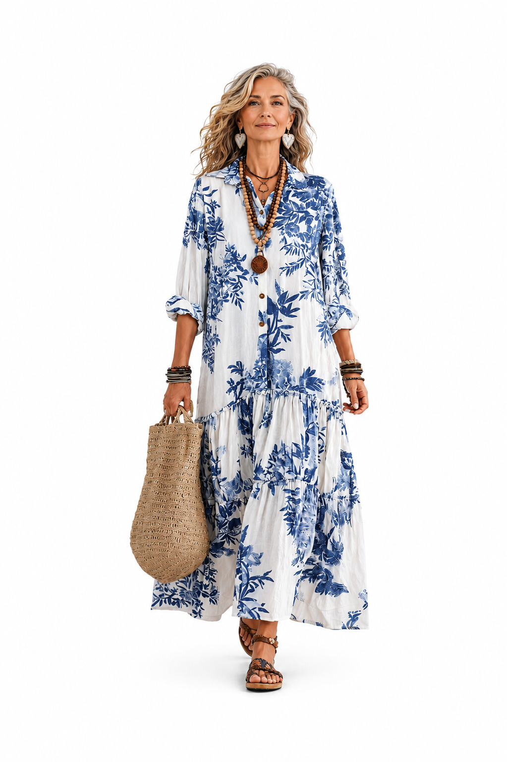 Vestido Maxi Bohemio Azul con Estampado Floral y Botones al Frente