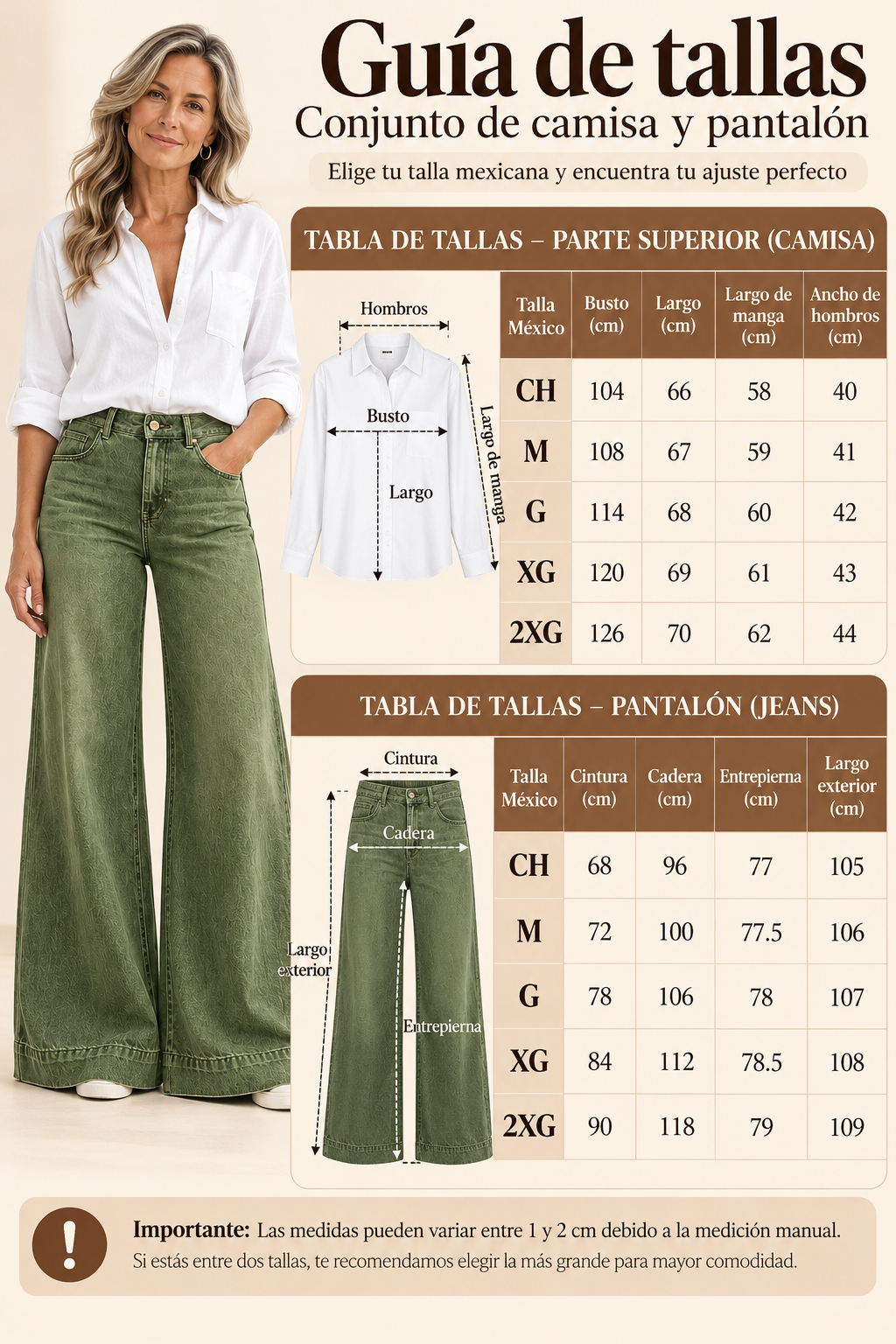 Jeans de Pierna Ancha y Tiro Alto con Lavado Vintage size chart