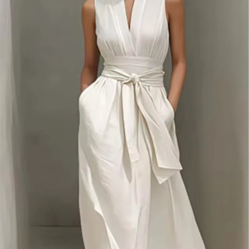 Vestido largo sin mangas liso de mujer, elegante vestido de primavera con cuello en V