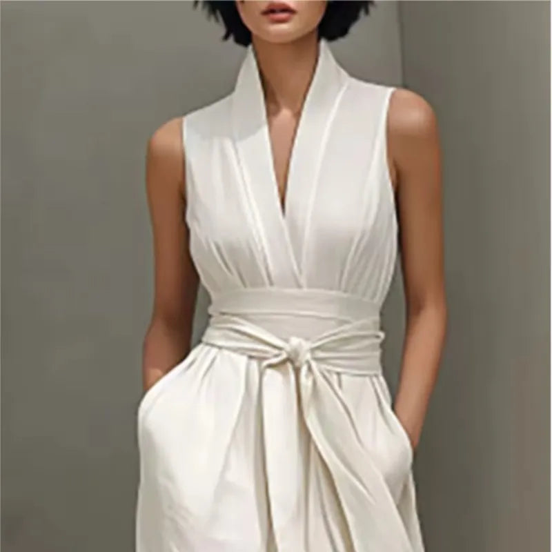 Vestido largo sin mangas liso de mujer, elegante vestido de primavera con cuello en V