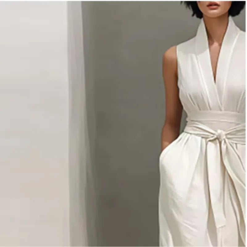 Vestido largo sin mangas liso de mujer, elegante vestido de primavera con cuello en V