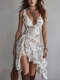 Sofía - Retro Floral Mini Dress with V-Neck and Thin Straps