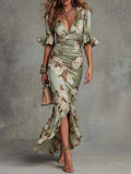 Ana - Green Satin Asymmetric Maxi Dress with V-Neck