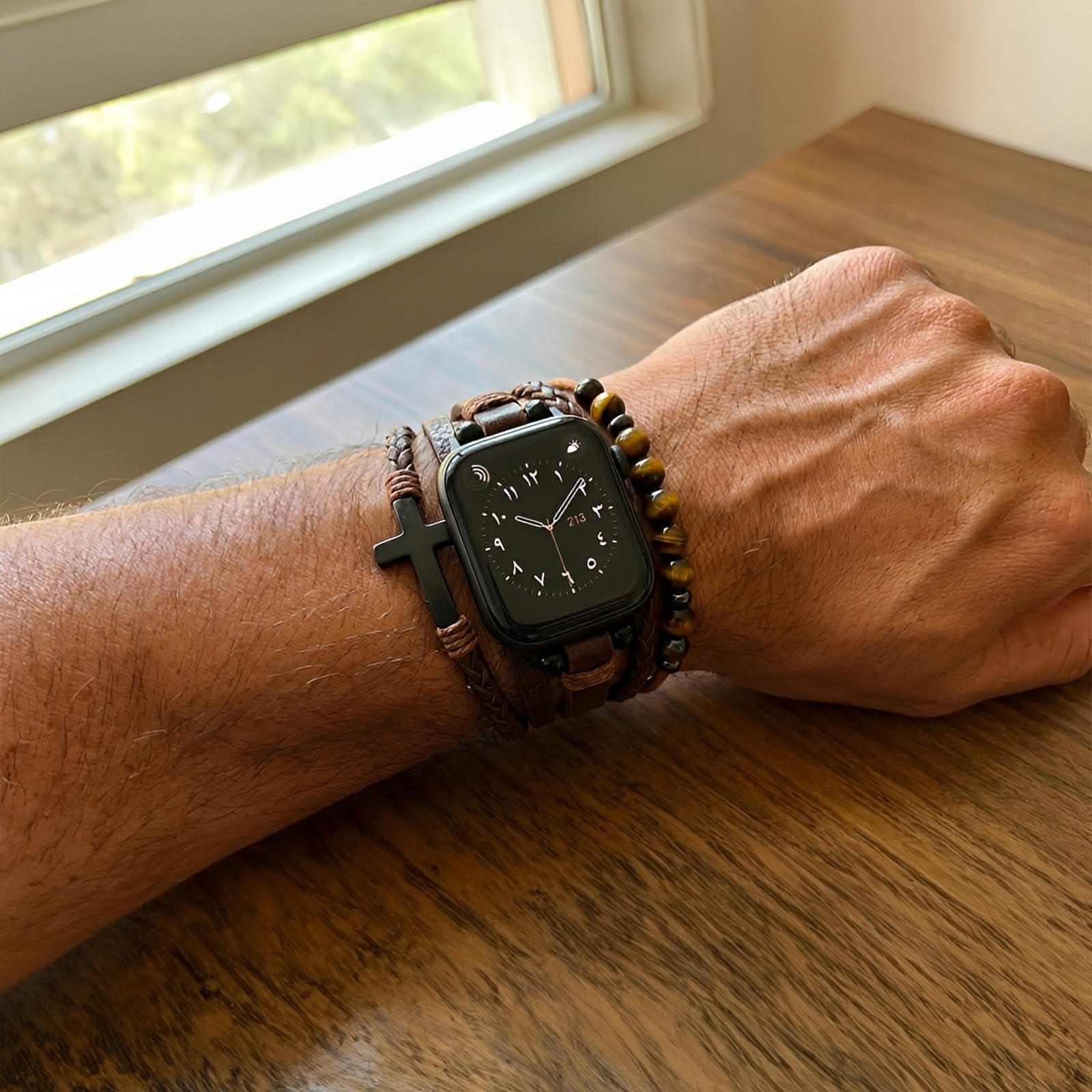 Multi-strand Apple Watch Bracelet, Tiger's Eye Beads and Black Cross, Vegan Faux Leather, Adjustable Clasp, Caleb Model
