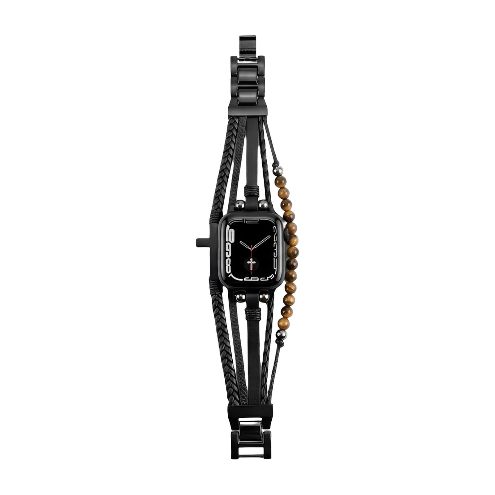 Multi-strand Apple Watch Bracelet, Tiger's Eye Beads and Black Cross, Vegan Faux Leather, Adjustable Clasp, Caleb Model