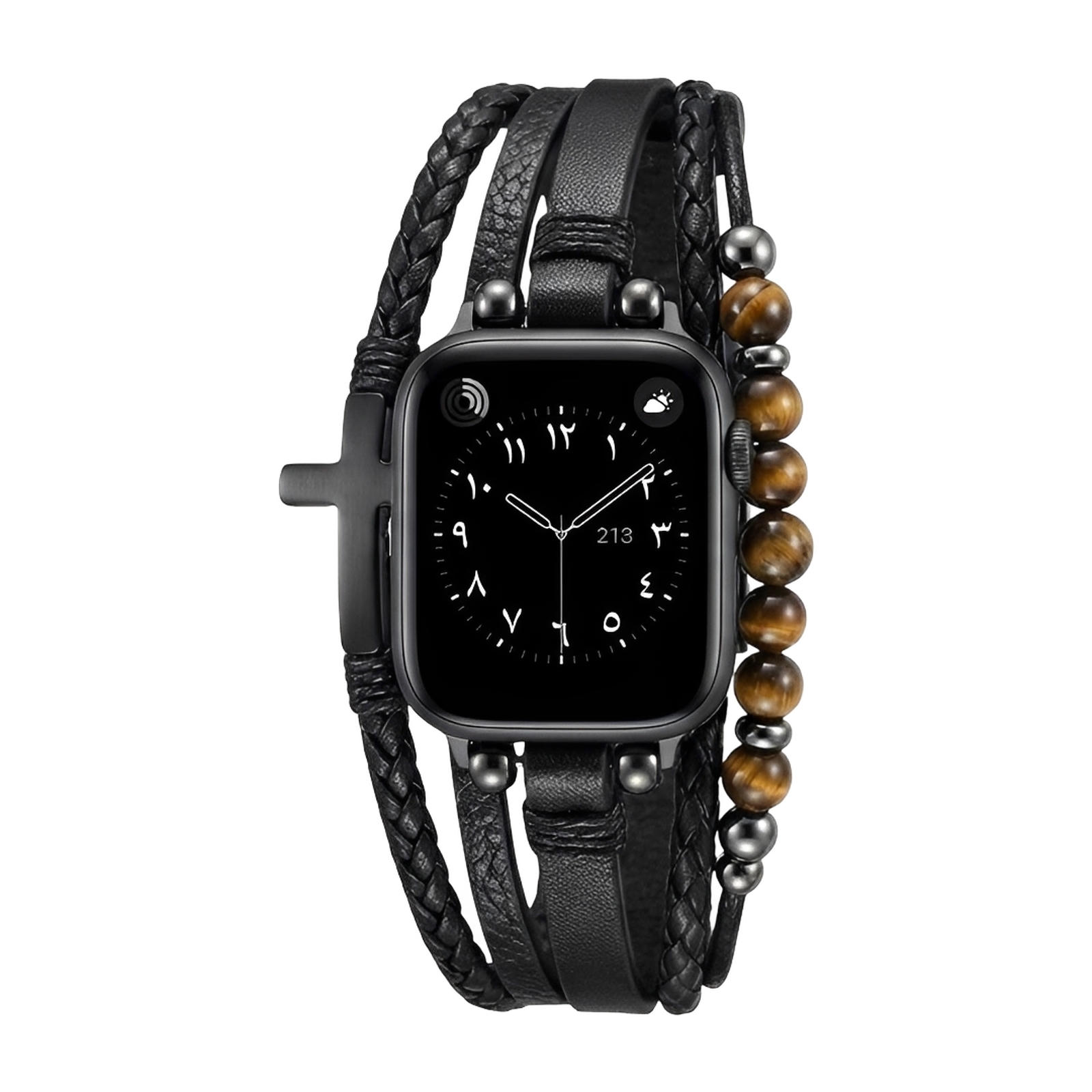 Multi-strand Apple Watch Bracelet, Tiger's Eye Beads and Black Cross, Vegan Faux Leather, Adjustable Clasp, Caleb Model