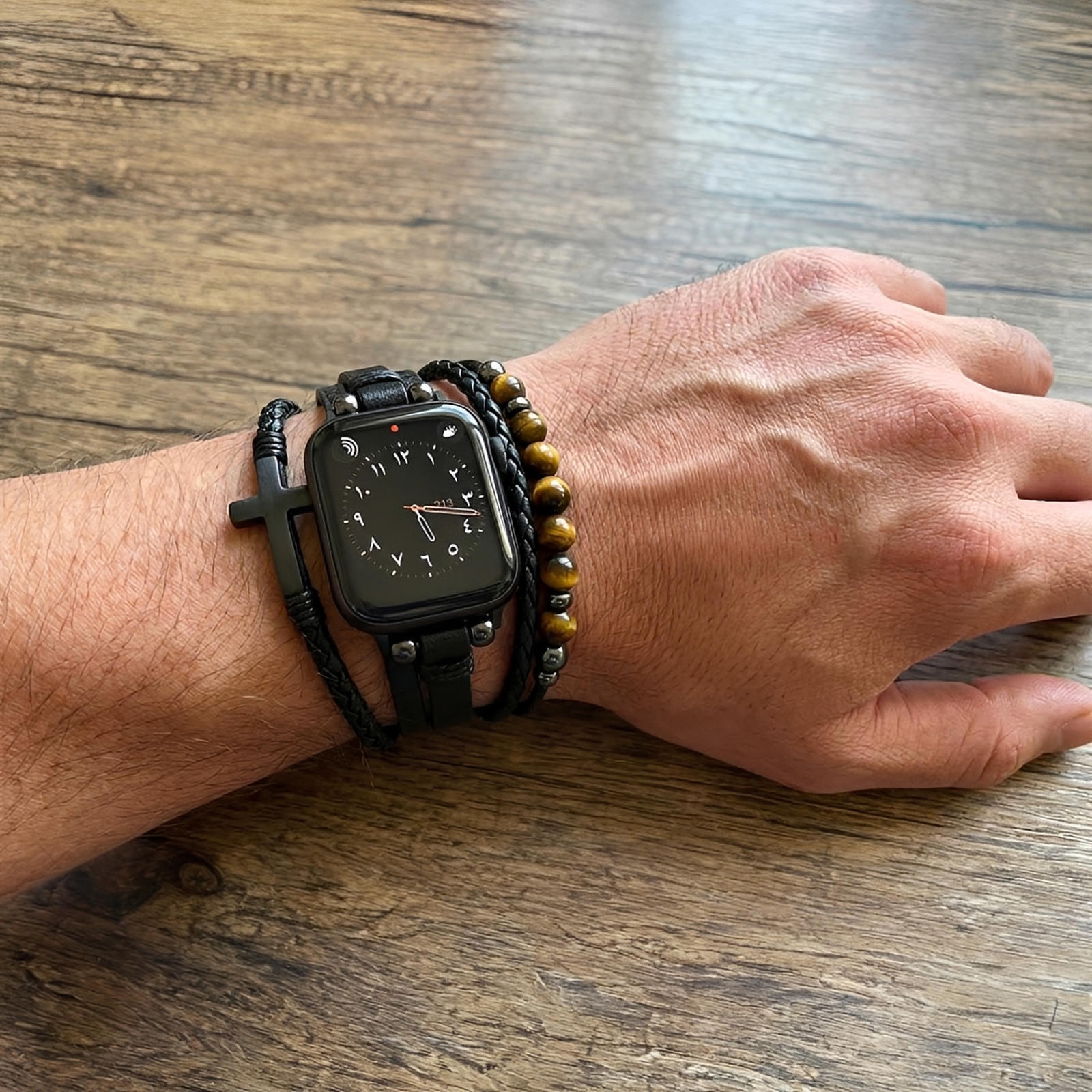 Multi-strand Apple Watch Bracelet, Tiger's Eye Beads and Black Cross, Vegan Faux Leather, Adjustable Clasp, Caleb Model