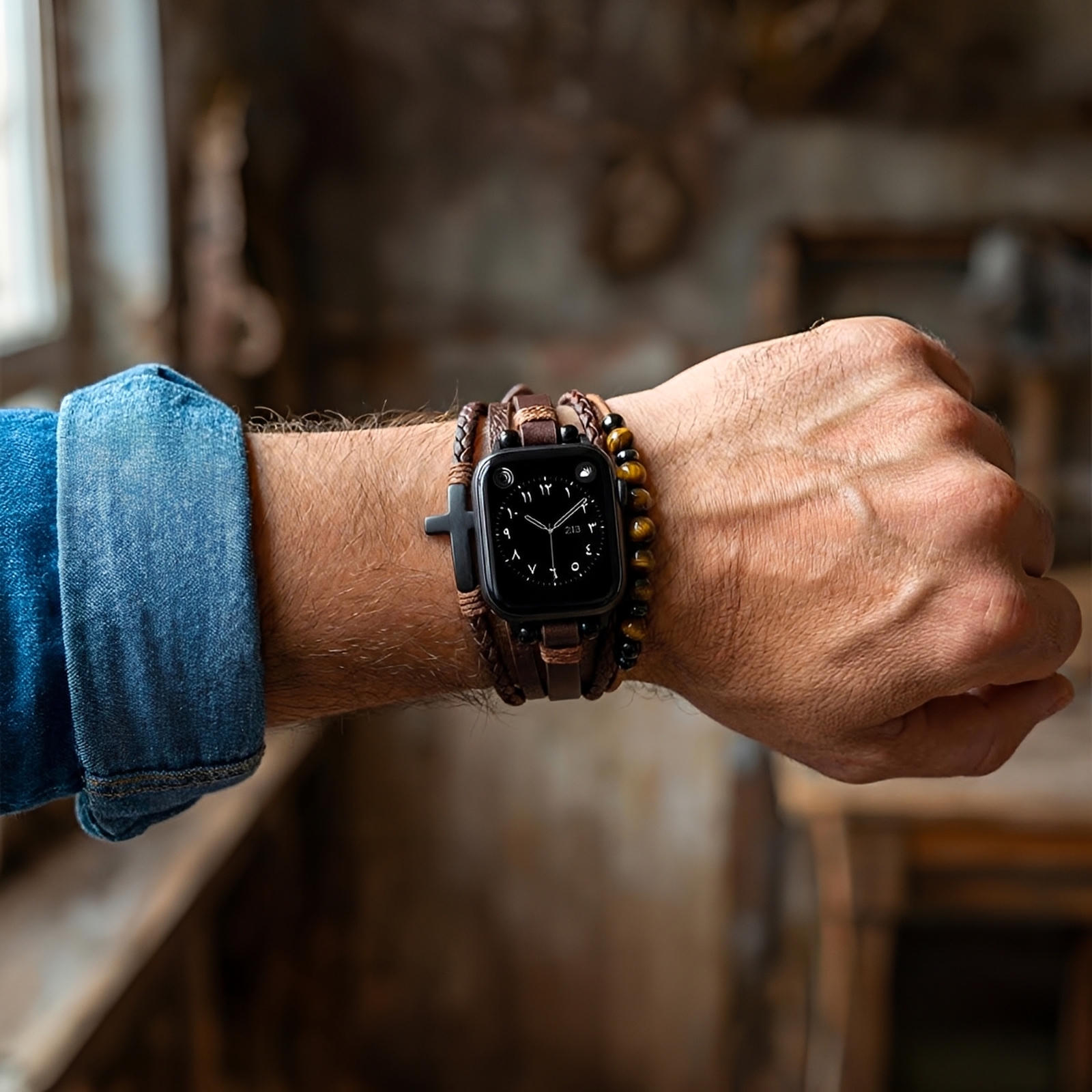 Multi-strand Apple Watch Bracelet, Tiger's Eye Beads and Black Cross, Vegan Faux Leather, Adjustable Clasp, Caleb Model