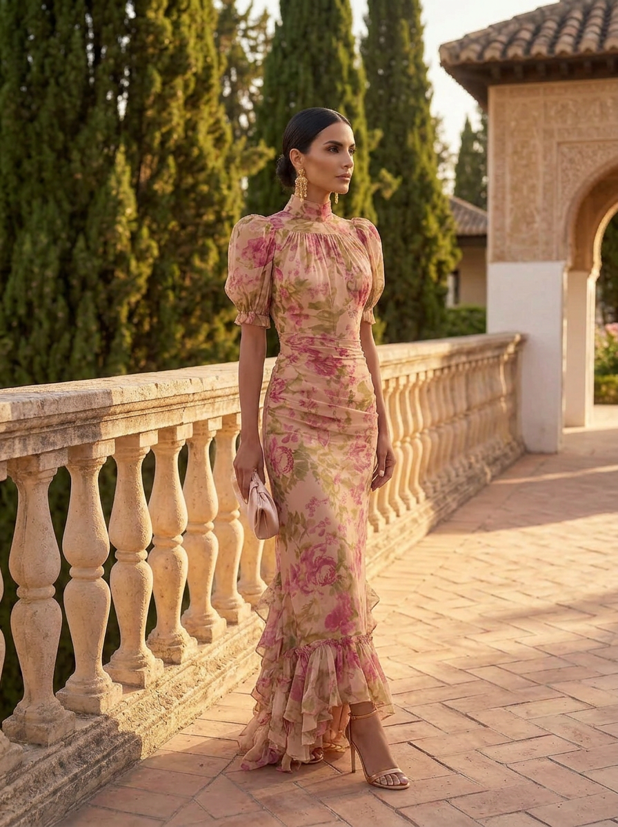 Fiora - Abito lungo con stampa vintage a rose e maniche a sbuffo