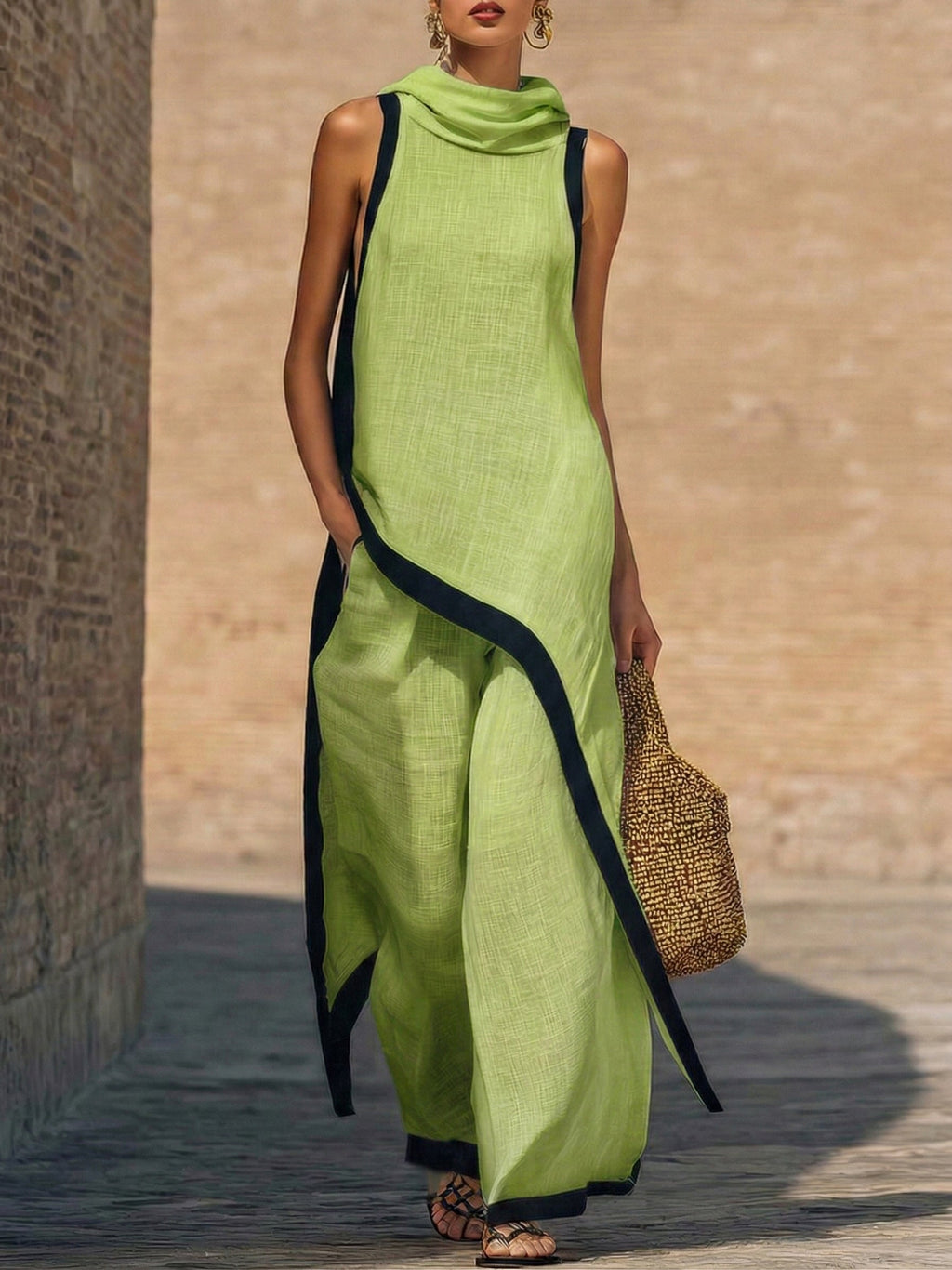 Elegant two-piece linen and cotton set with an artistic cut