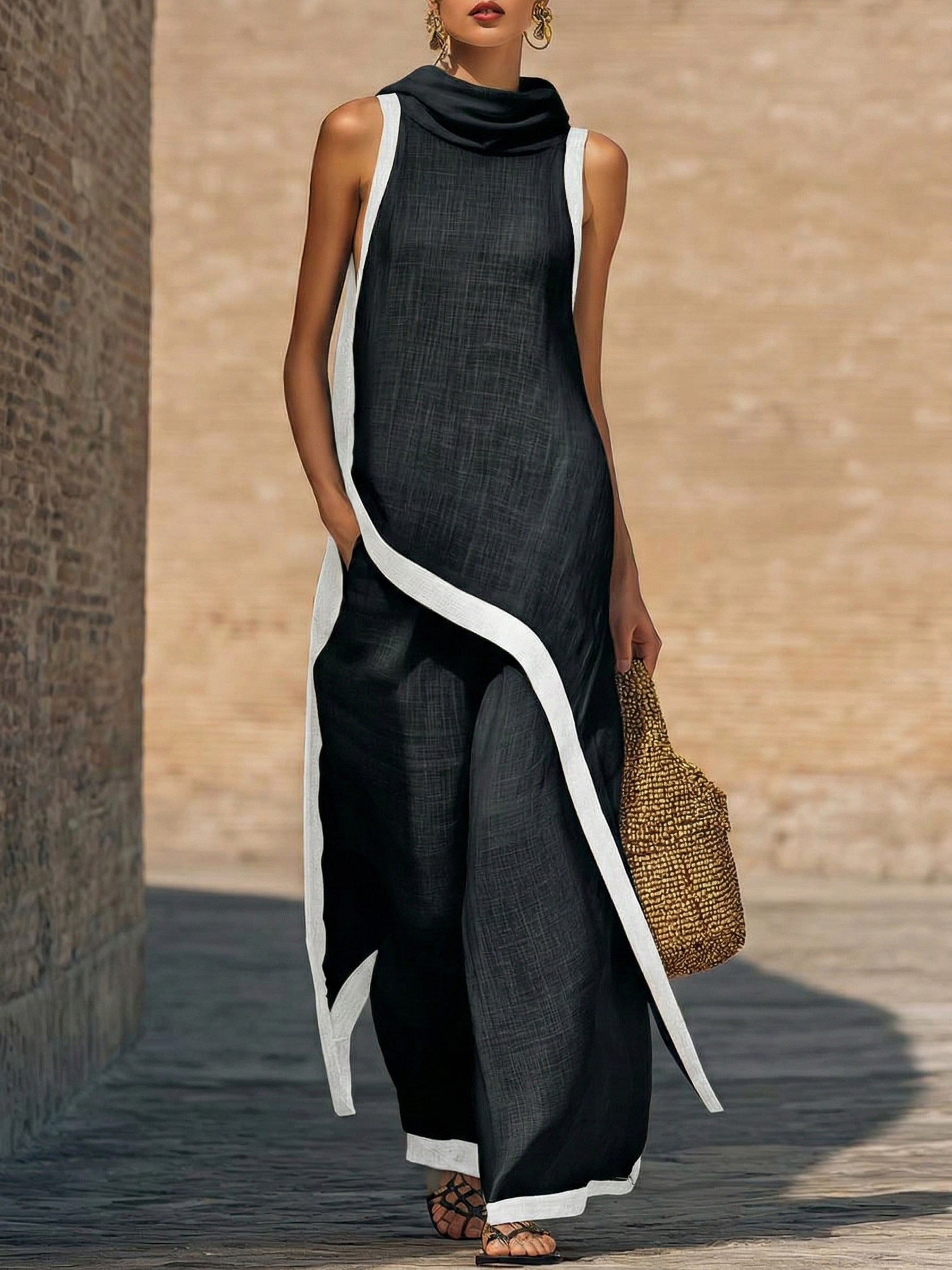Conjunto de dos piezas de lino y algodón, elegante y con un corte artístico