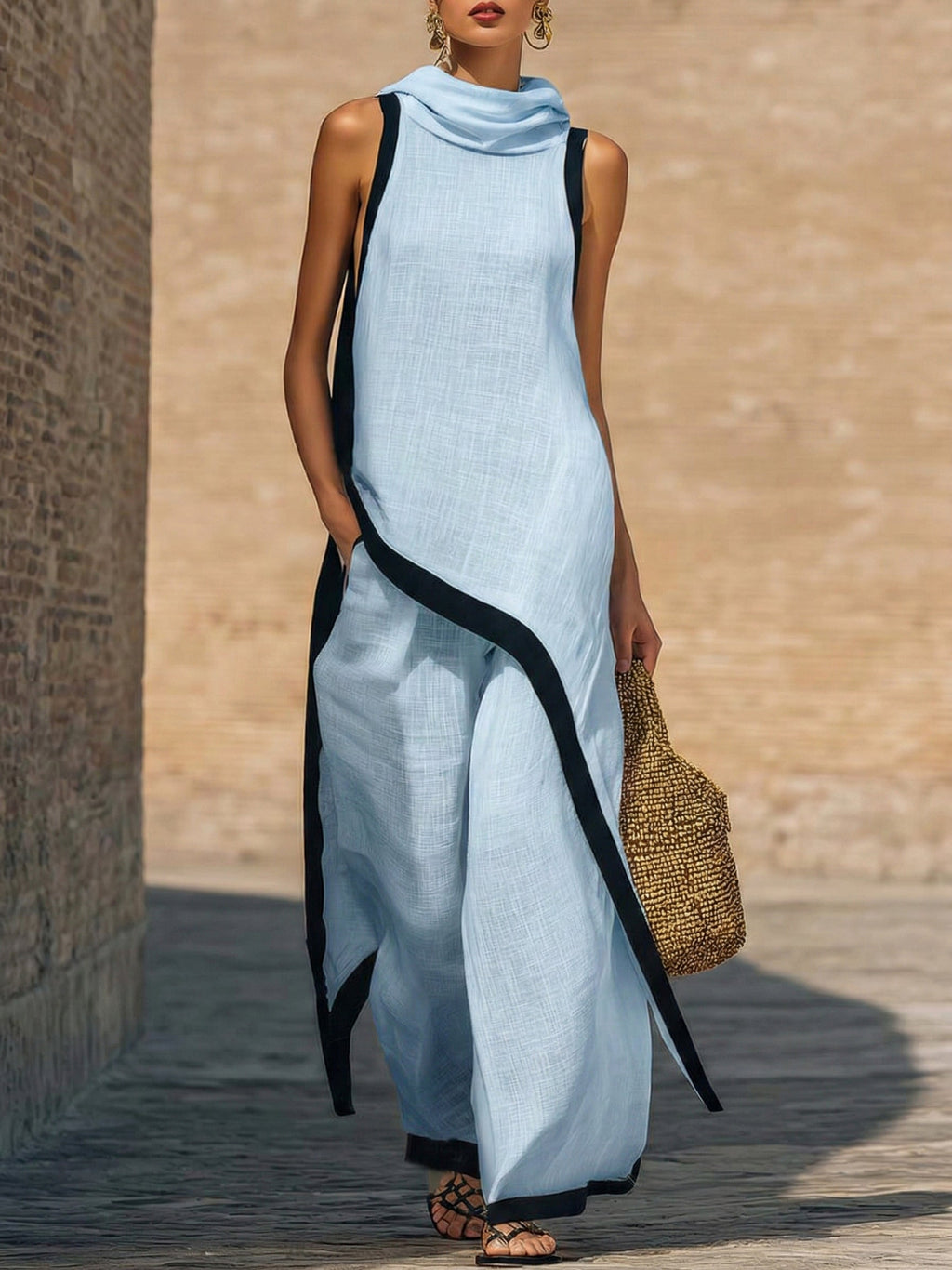 Elegant two-piece linen and cotton set with an artistic cut