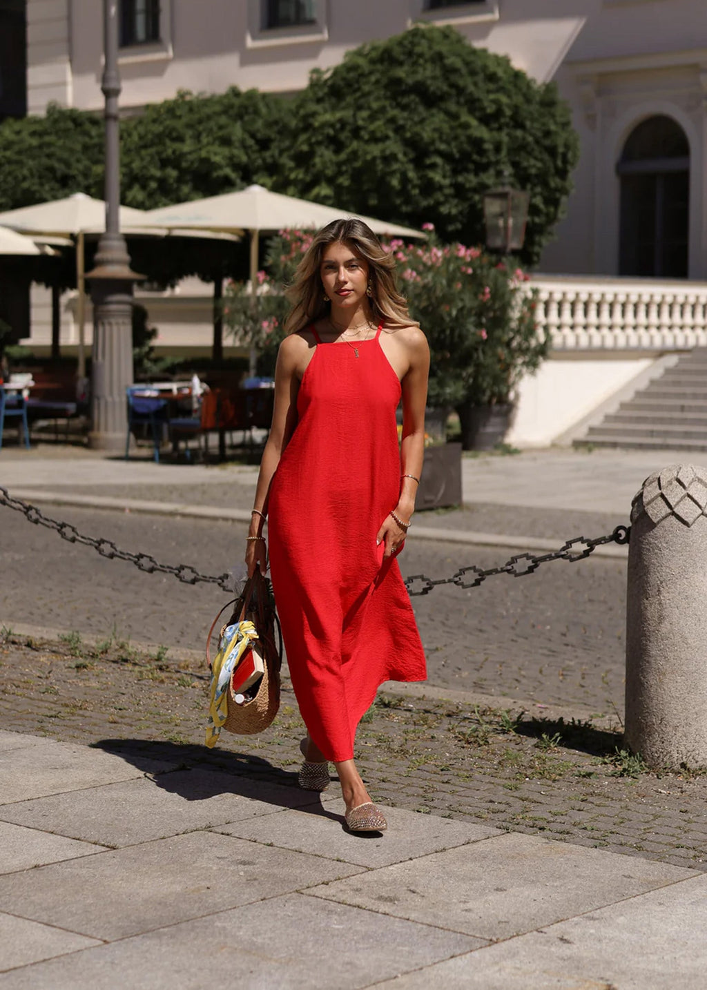 Long Slip Dress with Straps - Red