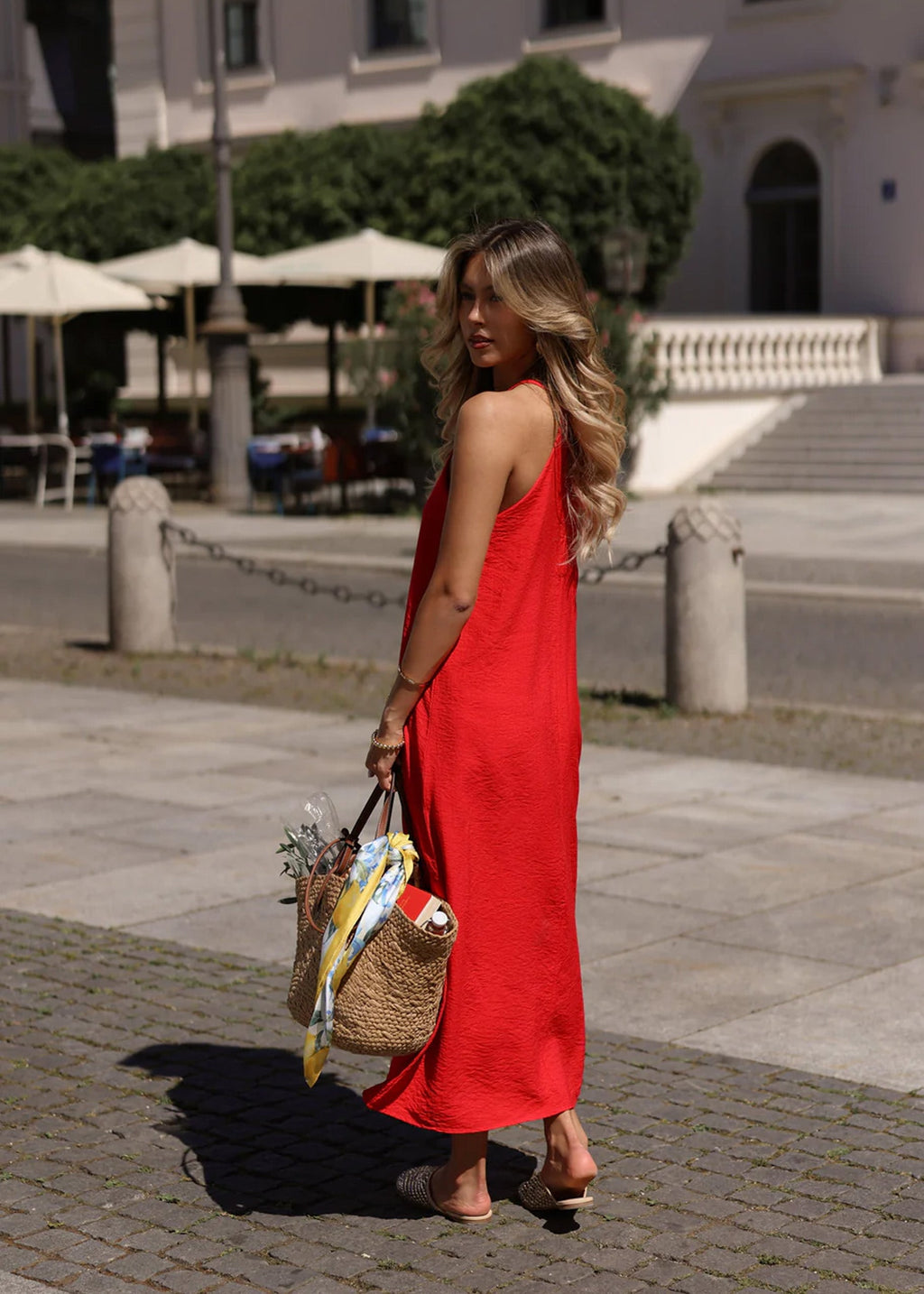 Long Slip Dress with Straps - Red