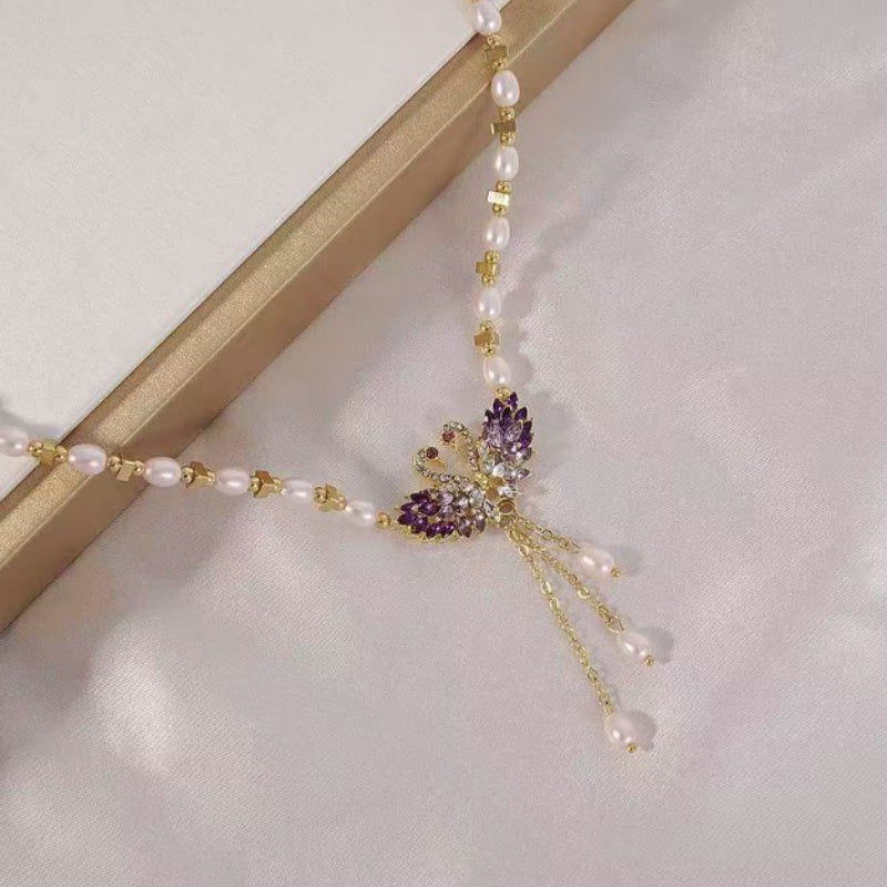 💐🎁💖 OFFRE EXCEPTIONNELLE -50% ! Collier Violet à Deux Cygnes en Cœur – Idée Cadeau Romantique pour Elle (Longueur Réglable 41-50 cm)