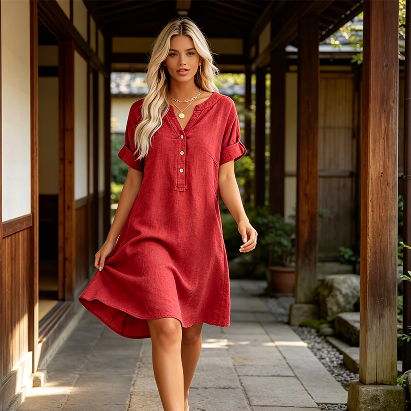 Casual Tunic Dress for Women with V-Neck