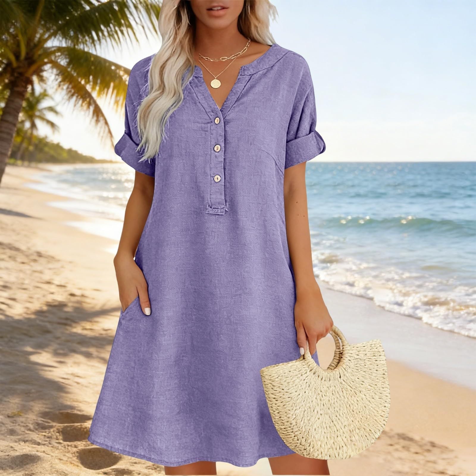 Casual Tunic Dress for Women with V-Neck